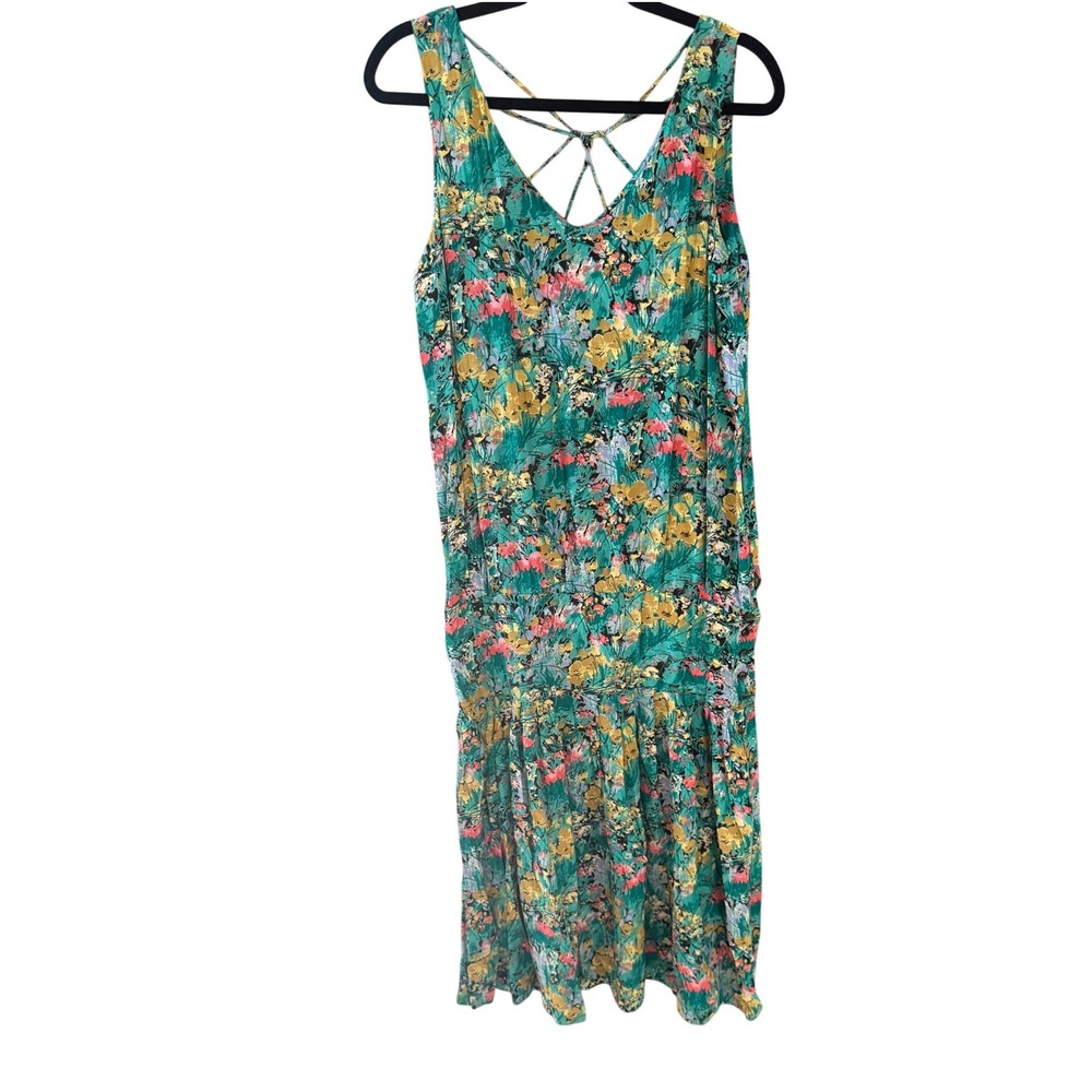 Michelle Stuart Vintage Floral Rayon Midi Dress Teal Multi Strappy Back 9/10‎
